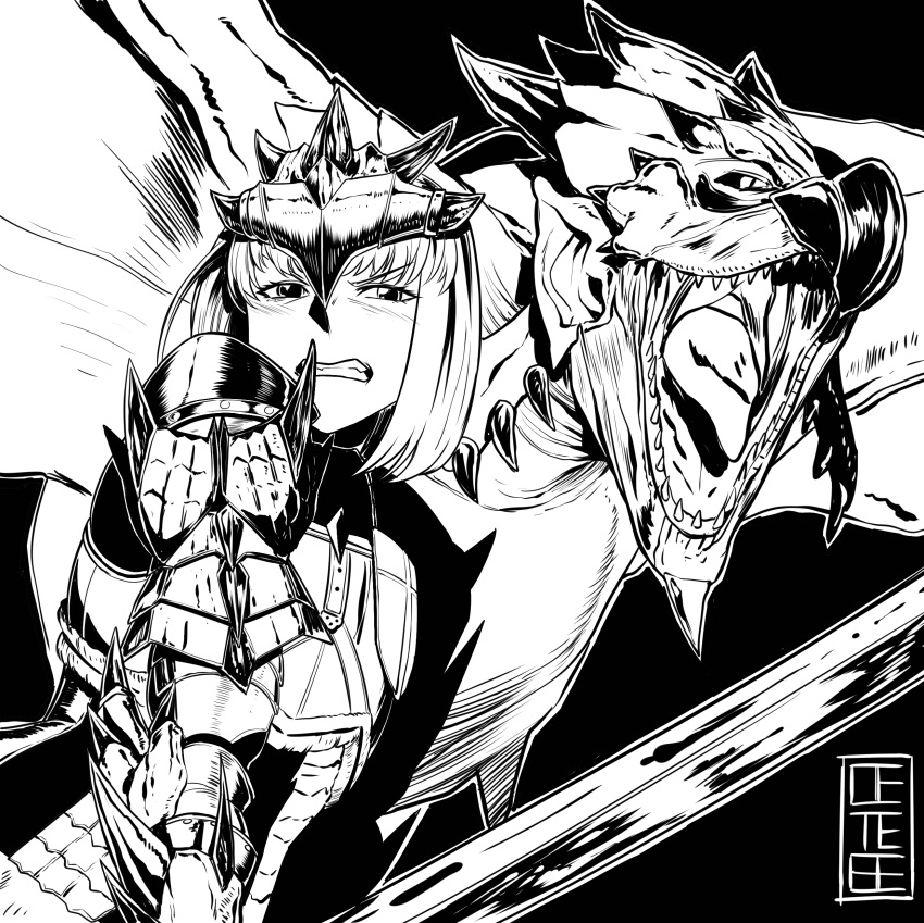 absurdres armor blush cete_(controllingtime) greyscale highres monochrome monster_hunter monster_hunter:_world rathalos rathalos_(armor) short_hair solo sword weapon