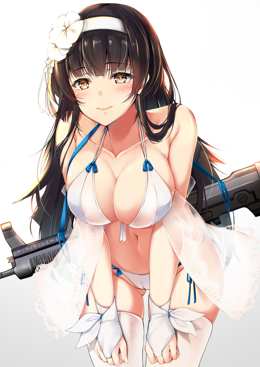 absurdres alternate_costume assault_rifle bangs bare_shoulders bikini black_hair blush breasts bridal_gauntlets bullpup cameltoe cleavage closed_mouth collarbone commentary_request eyebrows_visible_through_hair flower girls_frontline gloves gradient gradient_background gun hair_flower hair_ornament hairband halter_top halterneck hazuki_gyokuto highres large_breasts leaning_forward long_hair looking_at_viewer navel qbz-95 qbz-95_(girls_frontline) rifle shawl side-tie_bikini sidelocks simple_background smile solo stomach swimsuit thighhighs very_long_hair weapon white_bikini white_gloves white_hairband white_legwear yellow_eyes