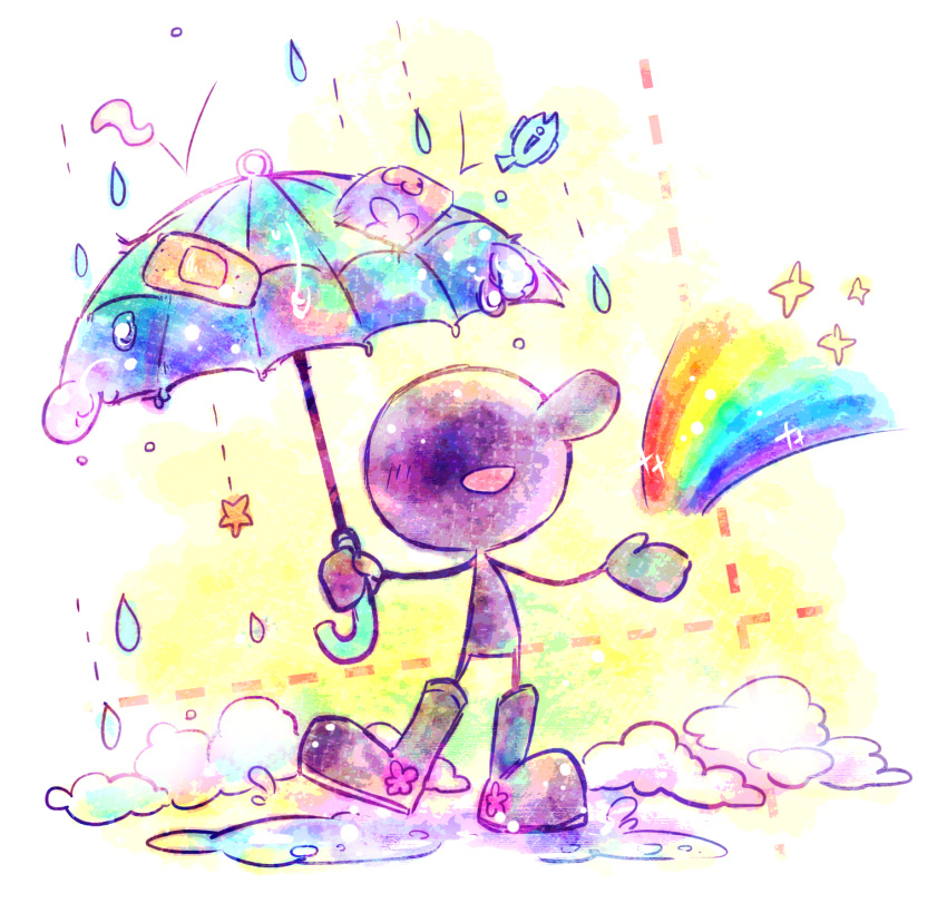 :d bandaid blue_umbrella boots fish full_body game_&amp;_watch highres male_focus mr._game_&amp;_watch open_mouth puddle rain rainbow rubber_boots shiwasuda_kuuu smile solo standing star super_smash_bros. umbrella water_drop