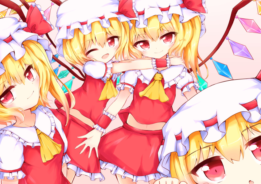 :o arms_around_neck blonde_hair cravat eyebrows_visible_through_hair fang flandre_scarlet four_of_a_kind_(touhou) hair_between_eyes hands_on_another's_shoulders hat hat_ribbon head_tilt looking_at_viewer midriff mob_cap multiple_girls navel one_eye_closed open_mouth pink_background puffy_short_sleeves puffy_sleeves red_eyes red_skirt red_vest ribbon short_hair short_sleeves side_ponytail simple_background skirt skirt_set smile suiton_(000suiton) touhou vest wings wrist_cuffs yellow_neckwear