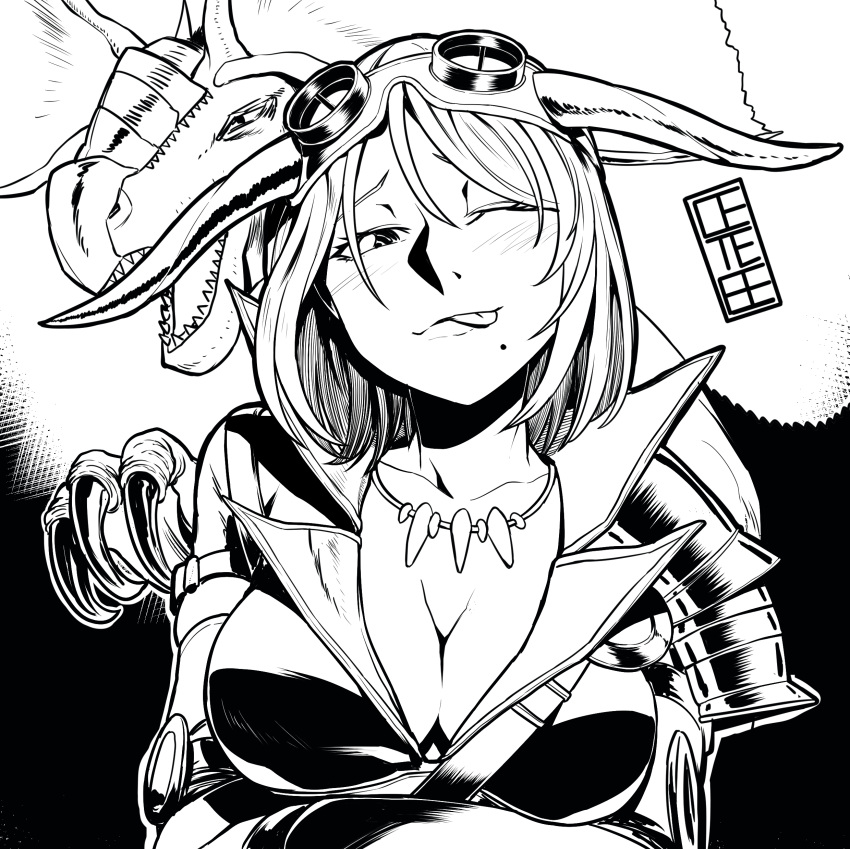 absurdres armor blush breasts cete_(controllingtime) greyscale highres jewelry looking_at_viewer mole mole_under_mouth monochrome monster_hunter monster_hunter:_world necklace open_mouth short_hair smile solo tongue tzitzi-ya-ku tzitzi-ya-ku_(armor)