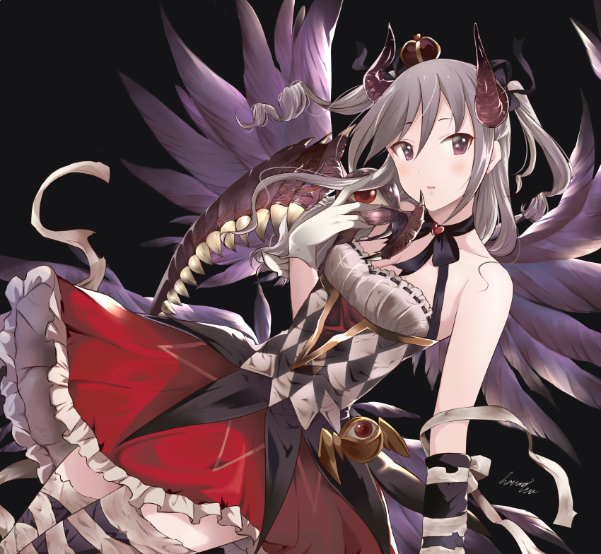 asymmetrical_gloves bandages black_background checkered commentary_request crown drill_hair frilled_skirt frills gloves granblue_fantasy grey_hair hanawi_nova heart highres horns idolmaster idolmaster_cinderella_girls kanzaki_ranko mini_crown red_eyes signature skirt thighhighs twin_drills twintails wings