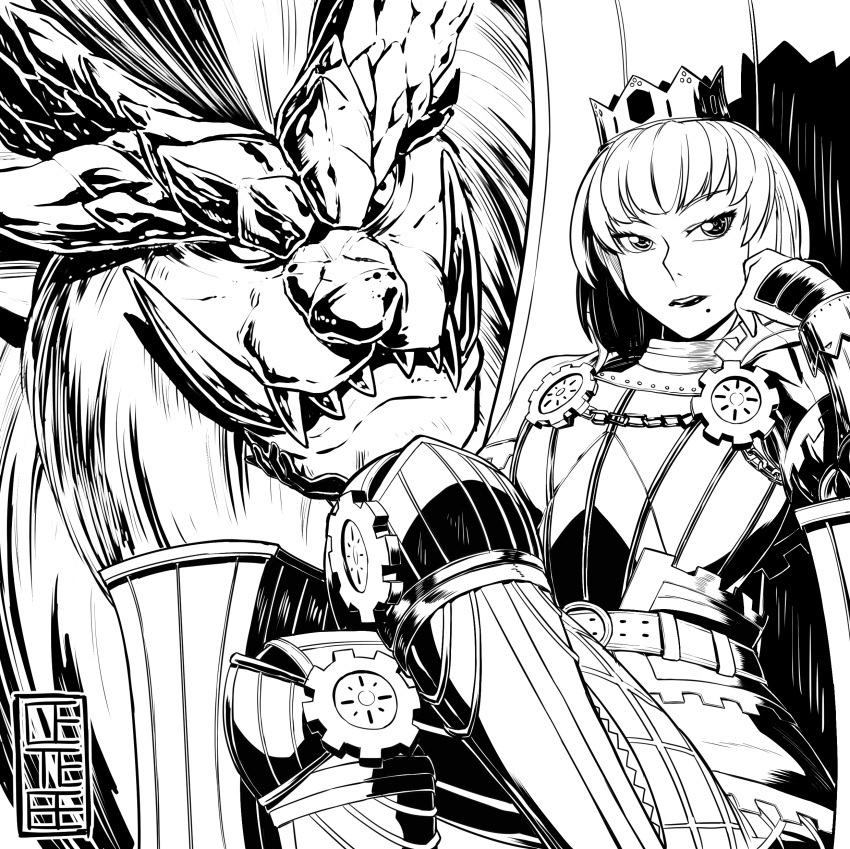 absurdres armor cete_(controllingtime) crown greyscale highres looking_at_viewer mole mole_under_mouth monochrome monster_hunter monster_hunter:_world seiza sitting solo teostra teostra_(armor)