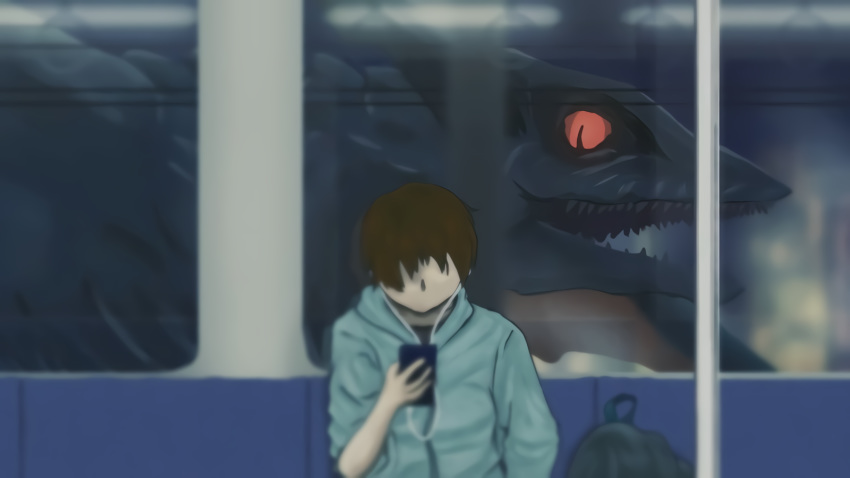 1boy bckpack gamera_(series) giant_monster ground_vehicle gyaos kaijuu monster night phone red_eyes train wings