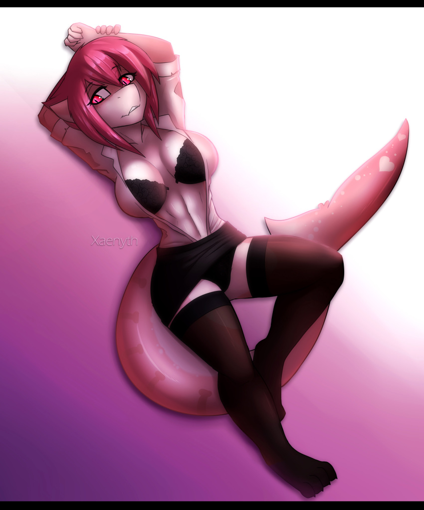 2018 anthro arms_above_head big_breasts black_bars bra breasts clothed clothing clothing_lift digital_media_(artwork) female fin fish hair lying marine on_back open_shirt panties pink_eyes pink_hair shark simple_background skirt skirt_lift solo underwear xaenyth