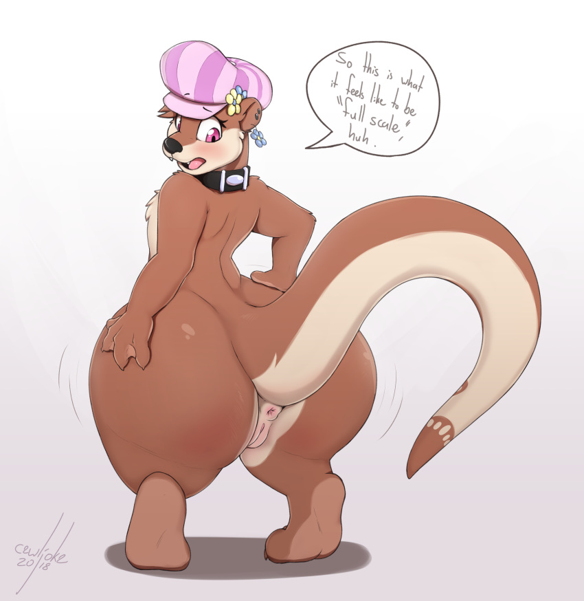 2018 4_fingers anthro anus berry_ranieri big_butt butt cewljoke chest_tuft claws collar ear_piercing english_text female flat_chested flower hand_on_butt hat hi_res huge_butt invalid_tag looking_at_butt looking_back mammal mostly_nude mustelid otter piercing pink_eyes plant puffy_anus pussy signature simple_background solo standing text thick_thighs tuft webbed_hands