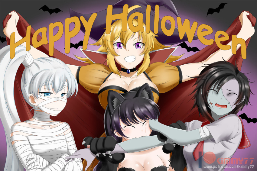 alfred_cullado animal_ears bat biting blake_belladonna breasts cape cat_ears cat_girl choker cleavage closed_mouth commentary facial_scar grin halloween highres multiple_girls mummy_costume ruby_rose rwby scar scar_across_eye scar_on_cheek school_uniform serafuku siblings sisters smile stitches weiss_schnee witch yang_xiao_long zombie