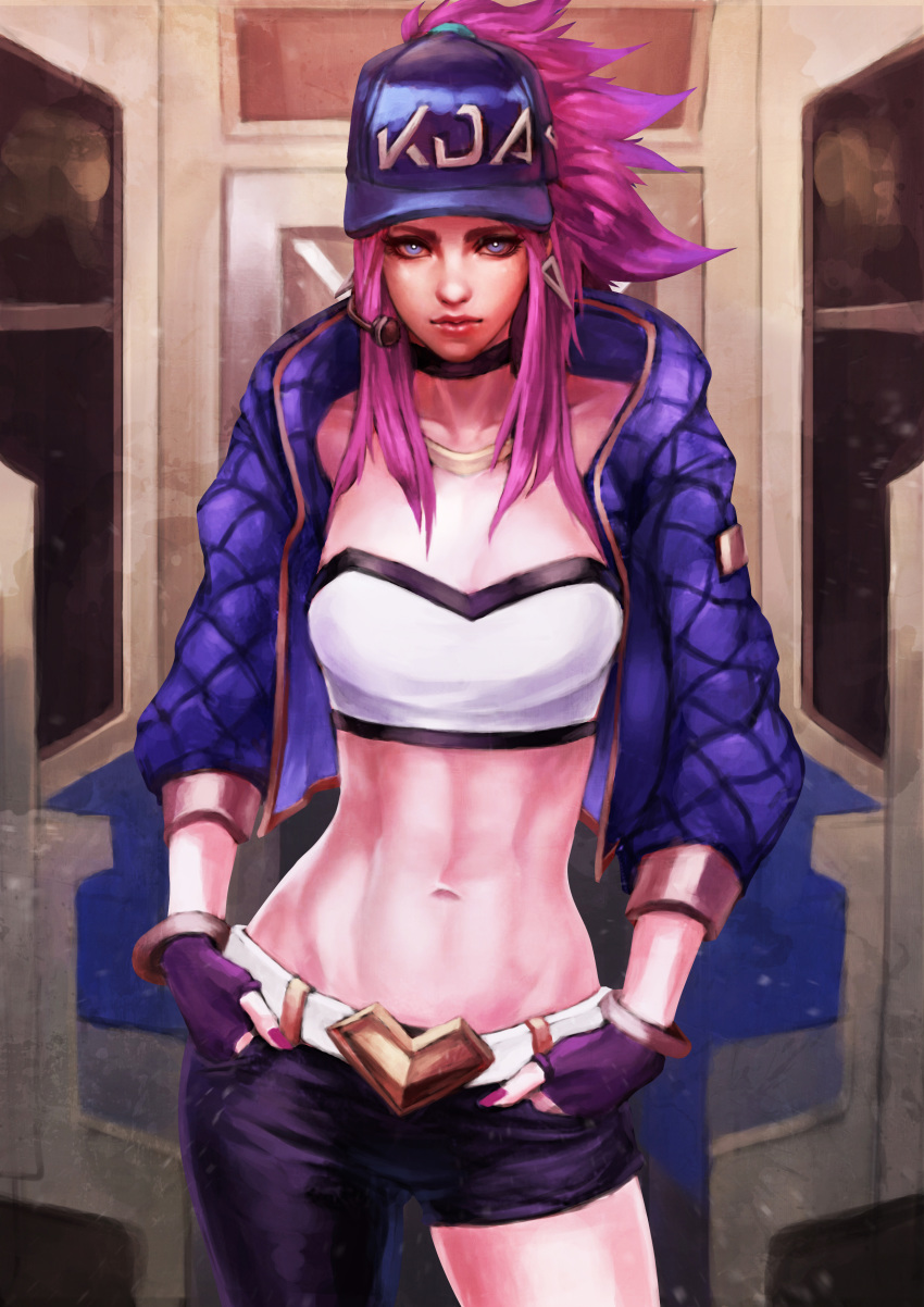 abs absurdres akali asymmetrical_clothes bandeau bangle baseball_cap belt belt_buckle blue_eyes bracelet buckle choker commentary cropped_jacket english_commentary fingerless_gloves gloves hands_in_pockets hat highres idol jewelry k/da_(league_of_legends) k/da_akali league_of_legends lips looking_at_viewer midriff monori_rogue nail_polish navel necklace nose pants pink_hair ponytail purple_gloves single_pantsleg sleeves_pushed_up solo standing toned train_interior