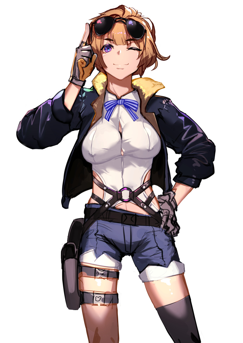 ;) absurdres arm_up bangs belt black_belt black_jacket black_legwear blue_shorts breasts brown_gloves brown_hair brown_legwear commentary_request cowboy_shot eyebrows_visible_through_hair eyewear_on_head fixro2n girls_frontline gloves grizzly_mkv_(girls_frontline) hand_on_hip highres holster jacket large_breasts mismatched_legwear o-ring one_eye_closed open_clothes open_jacket purple_eyes shirt short_shorts shorts simple_background sketch smile solo sunglasses thigh_holster thighhighs white_background white_shirt
