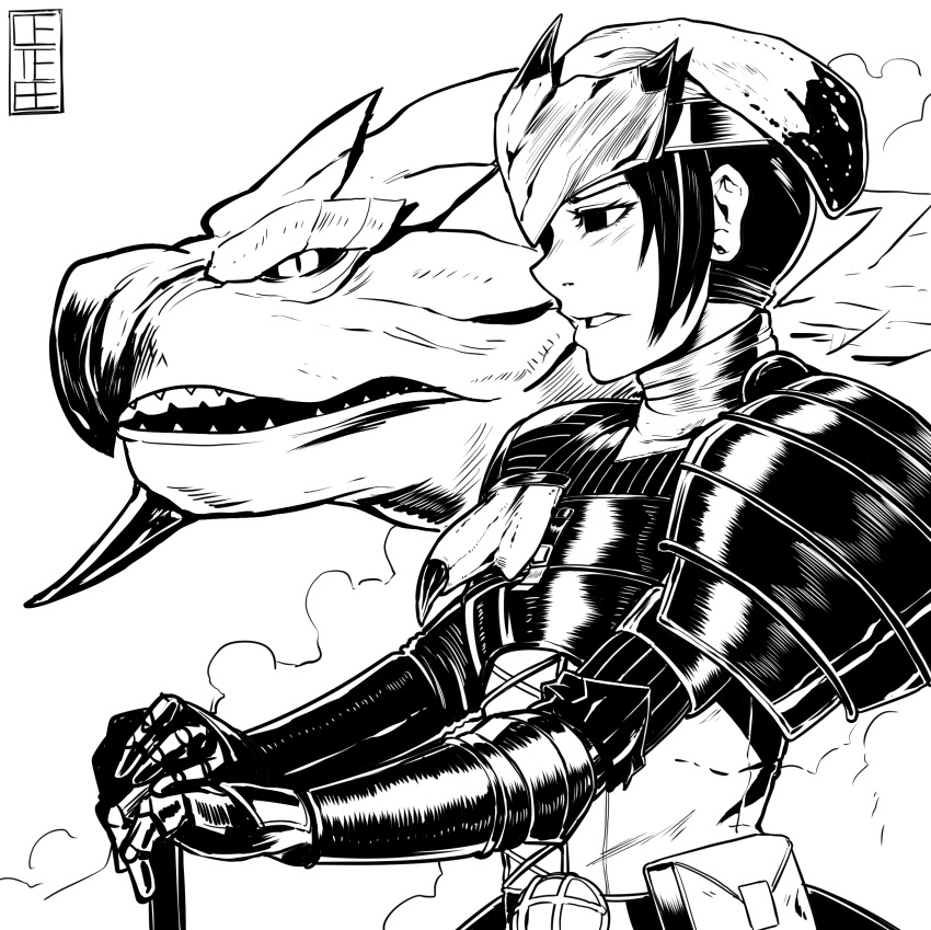 absurdres armor cete_(controllingtime) greyscale highres monochrome monster_hunter monster_hunter:_world open_mouth rathian rathian_(armor) solo