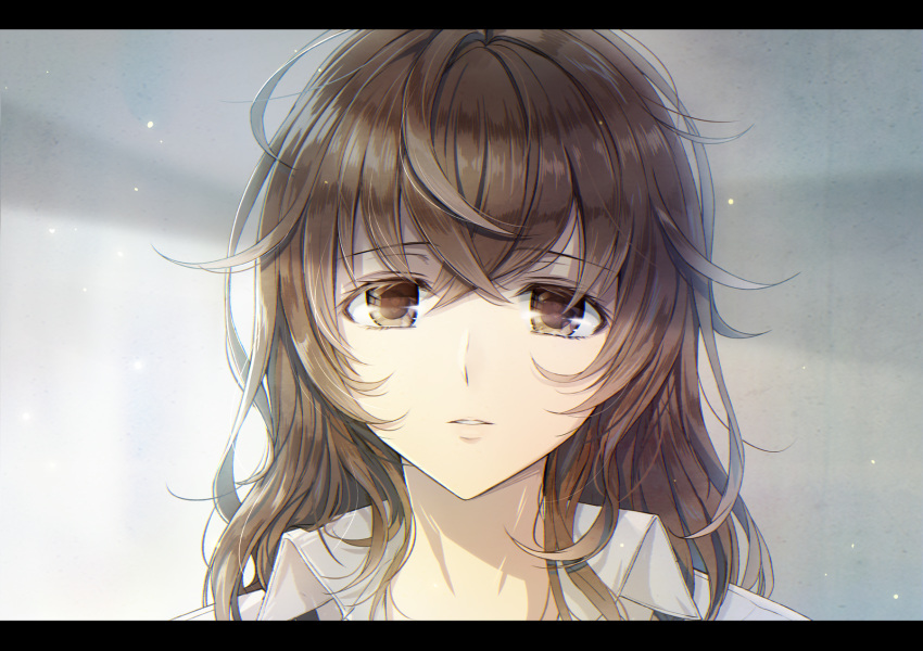 bangs blush brown_eyes brown_hair collared_shirt commentary_request eyebrows_visible_through_hair hair_between_eyes head_tilt highres letterboxed long_hair looking_at_viewer messy_hair mono_lith original parted_lips portrait shirt sidelocks solo white_shirt