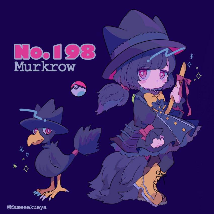 bangs bird black_hair black_hat blue_background boots bow broom character_name dress full_body gen_2_pokemon hat highres holding holding_broom long_hair long_sleeves looking_at_viewer mameeekueya moemon murkrow personification poke_ball pokemon pokemon_(creature) pokemon_number puffy_sleeves red_eyes simple_background standing twitter_username yellow_bow yellow_footwear