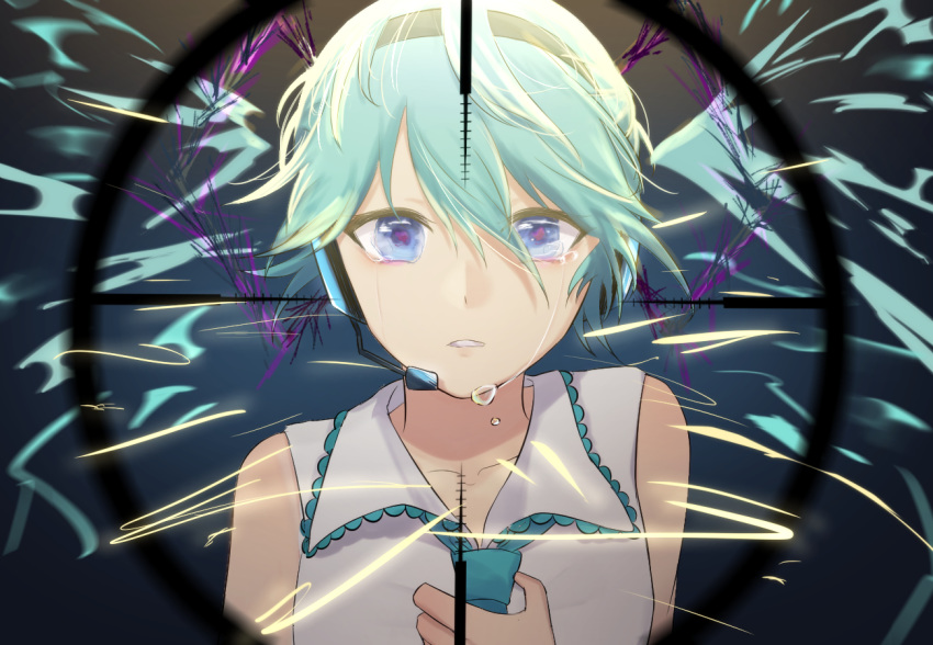 alternate_hair_length alternate_hairstyle black_hairband blue_eyes blue_hair blue_neckwear collarbone crying crying_with_eyes_open hair_between_eyes hairband hatsune_miku headphones headset hibana_(vocaloid) looking_at_viewer lucy_(rusi-juren328) microphone necktie parted_lips shirt short_hair sleeveless sleeveless_shirt solo tears upper_body vocaloid white_shirt