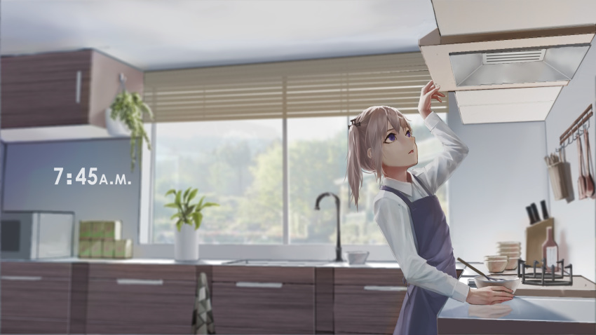 apron blinds blue_apron blue_eyes bottle bowl commentary counter cross_hair_ornament day english_commentary faucet girls_frontline hair_ornament highres indoors kitchen_knife long_hair long_sleeves morning pink_hair plant potted_plant reaching shirt solo spatula st_ar-15_(girls_frontline) standing sunlight tacshojosora text_focus tree white_shirt wing_collar