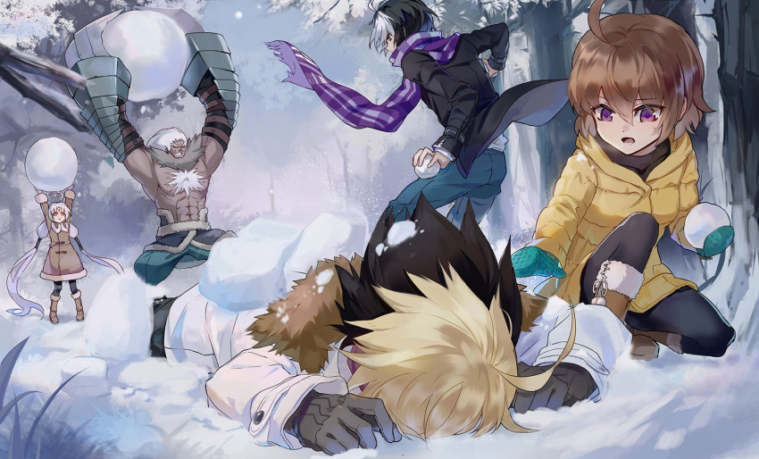 3boys absurdly_long_hair ahoge black_hair blonde_hair boots brown_hair chest chest_hair coat dark_skin dark_skinned_male forehead_jewel fur_trim gauntlets hyde_(under_night_in-birth) linne long_hair low_twintails lying mittens multicolored_hair multiple_boys multiple_girls on_stomach plaid plaid_scarf purple_eyes qitoli red_eyes scarf seth_(under_night_in-birth) shirtless short_hair snow snowball snowball_fight twintails two-tone_hair under_night_in-birth vatista very_long_hair waldstein white_hair winter_clothes winter_coat