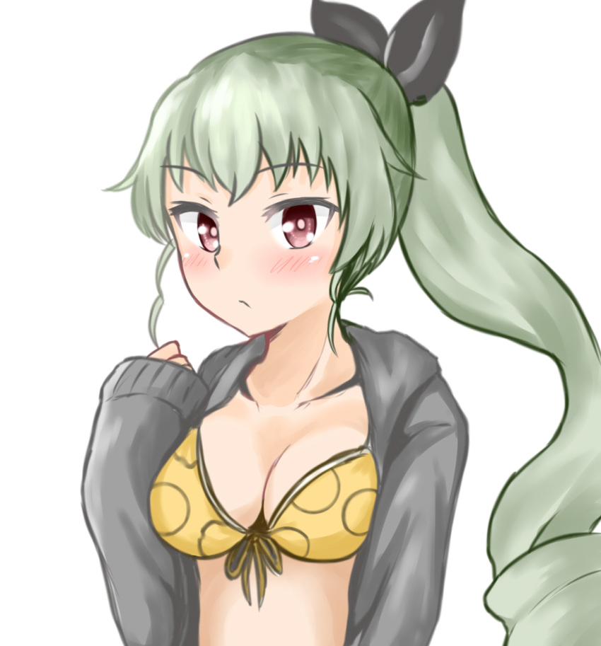 alternate_hairstyle anchovy bangs bikini black_ribbon boxreeema breasts cardigan closed_mouth drill_hair eyebrows_visible_through_hair front-tie_bikini front-tie_top frown girls_und_panzer green_hair grey_sweater hair_ribbon light_blush long_hair long_sleeves looking_at_viewer medium_breasts open_cardigan open_clothes ponytail red_eyes ribbon simple_background single_drill solo sweater swimsuit upper_body white_background yellow_bikini