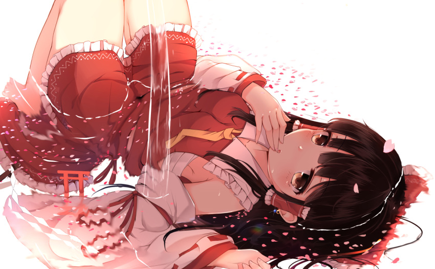 armpits barefoot blush bow brown_eyes brown_hair hair_bow hakurei_reimu hand_to_own_mouth hunya long_hair looking_at_viewer lying on_back open_mouth petals red_bow simple_background solo thighs touhou white_background yellow_neckwear