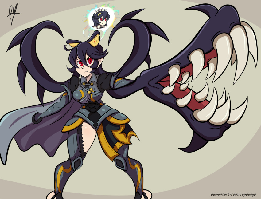 alternate_color armor black_hair cape clenched_hand commentary commission crossover deviantart_username english_commentary fang feet_out_of_frame female_my_unit_(fire_emblem_if) filia_(skullgirls) fire_emblem fire_emblem_if frown highres looking_to_the_side my_unit_(fire_emblem_if) pointy_ears raydango red_eyes samson_(skullgirls) signature skullgirls slit_pupils solo spirit spirit_(super_smash_bros.) super_smash_bros. super_smash_bros._ultimate teeth thigh_cutout thighs wide_hips yellow_eyes