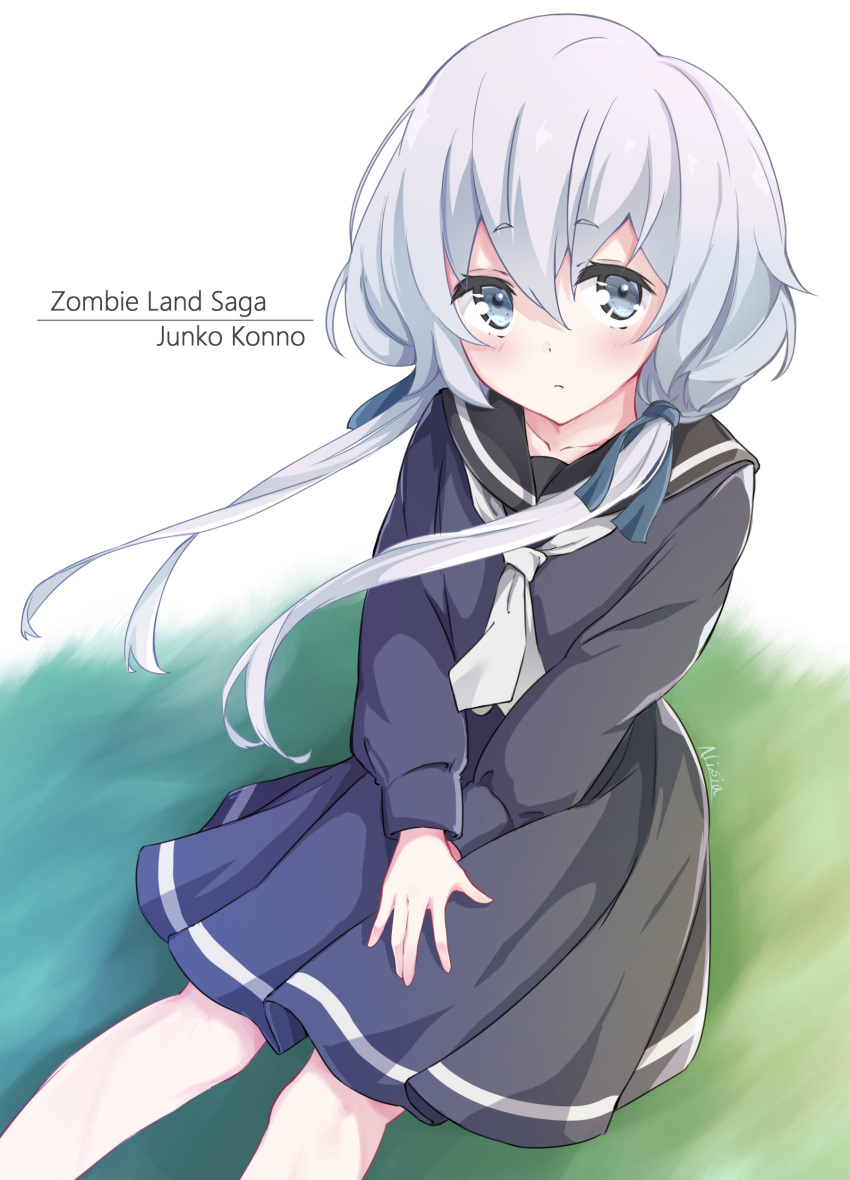 absurdres alisia0812 blue_eyes blush character_name commentary copyright_name english eyebrows_visible_through_hair highres konno_junko long_sleeves looking_at_viewer low_twintails pleated_skirt sailor_collar school_uniform silver_hair sitting skirt solo twintails zombie_land_saga