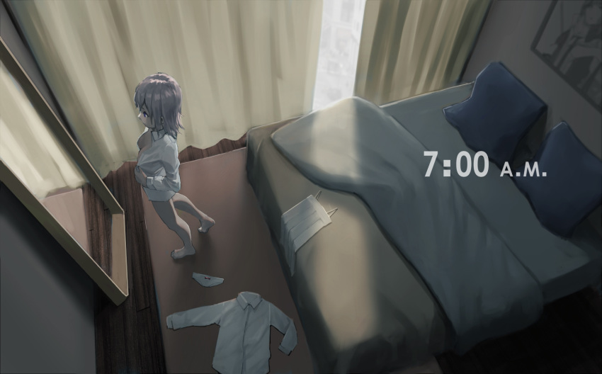 bed bed_sheet bedroom blue_pillow breasts breasts_apart collared_shirt commentary_request curtains day engrish_commentary girls_frontline highres indoors laundry long_sleeves looking_at_mirror medium_breasts mirror mixed-language_commentary morning no_bra panties picture_(object) pillow pleated_skirt rug shirt short_hair skirt solo st_ar-15_(girls_frontline) standing sunlight tacshojosora text_focus timestamp underwear watermark white_panties white_shirt white_skirt wing_collar wooden_floor
