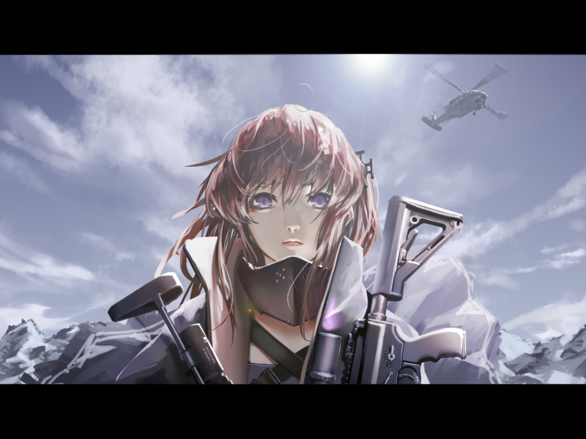 aircraft ar-15 assault_rifle bangs blue_sky closed_mouth cloud day dual_wielding girls_frontline gun helicopter highres holding holding_gun holding_weapon letterboxed long_sleeves looking_at_viewer mountainous_horizon outdoors pink_hair purple_eyes rifle sky solo st_ar-15_(girls_frontline) sunlight tacshojosora valkyrie weapon
