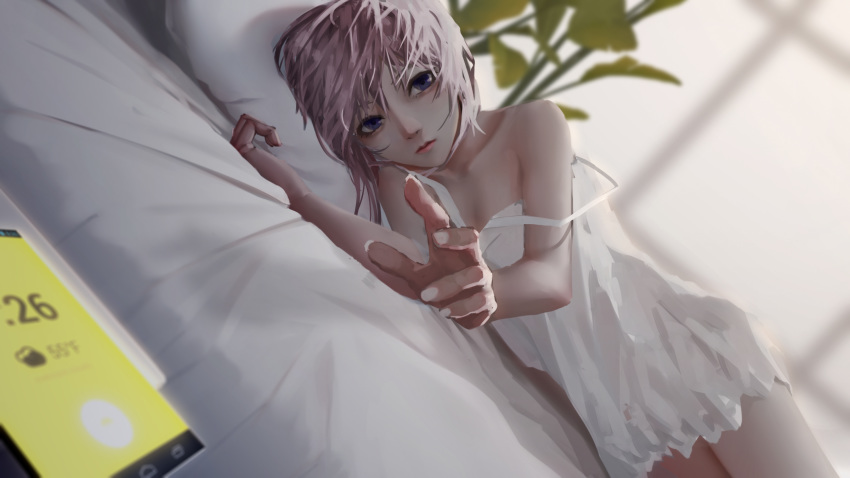 bed_sheet blue_eyes cellphone closed_mouth commentary_request day dress english_commentary fingernails girls_frontline head_on_pillow highres indoors lips looking_at_viewer mixed-language_commentary nail_polish on_bed outstretched_arm outstretched_hand phone pillow pink_hair plant reaching_out short_hair smartphone solo st_ar-15_(girls_frontline) strap_slip sunlight tacshojosora white_dress white_nails