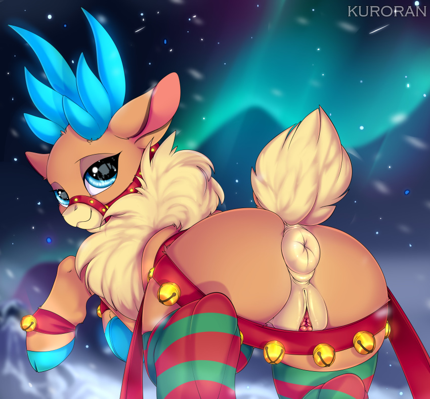 anus aurora_borealis bell blue_eyes butt cervine christmas clothing female holidays kuroran legwear mammal presenting presenting_hindquarters presenting_pussy pussy reindeer snow stockings text them's_fightin'_herds velvet_reindeer_(tfh)