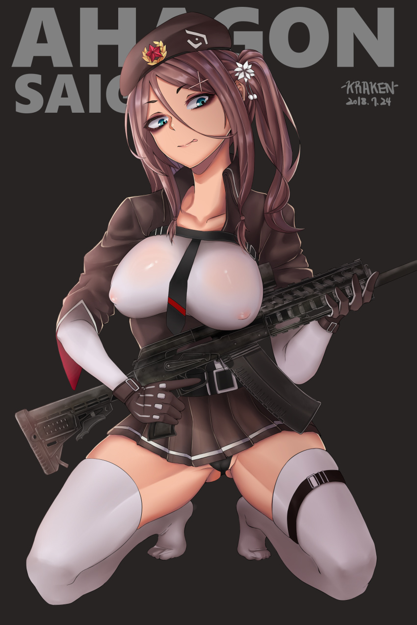 :p absurdres ahagon_umiko artist_name ass_visible_through_thighs beret black_background black_gloves black_panties black_skirt blue_eyes breasts brown_hair cameltoe character_name chest_strap collarbone cosplay covered_nipples dark_skin dated framed_breasts full_body girls_frontline gloves gun hair_ornament hat head_tilt highres holding holding_weapon kneeling kuraken large_breasts long_hair looking_at_viewer microskirt military_hat necktie new_game! panties saiga-12 saiga-12_(girls_frontline) saiga-12_(girls_frontline)_(cosplay) side_ponytail skirt solo thigh_strap thighhighs thighs tongue tongue_out trigger_discipline underwear weapon white_legwear