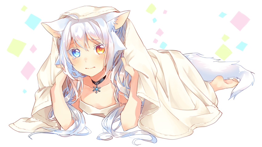 3: ahoge animal_ears barefoot blanket blue_eyes blush camisole cat_ears cat_tail catulus_syndrome choker closed_mouth collarbone colored_eyelashes commentary_request full_body furrowed_eyebrows heterochromia highres long_hair looking_at_viewer lying official_art on_stomach orange_eyes shinonome_neko-tarou shirakaba_yuki silver_hair simple_background soles solo tail tears under_covers white_background