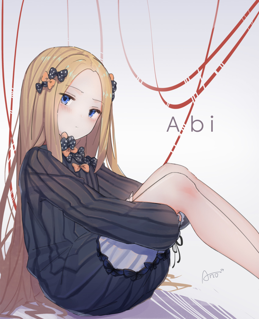 abigail_williams_(fate/grand_order) ano54 bad_revision bangs black_bow black_dress blonde_hair bloomers blue_eyes blush bow bug butterfly character_name closed_mouth commentary cropped_revision dress fate/grand_order fate_(series) feet_out_of_frame forehead grey_background hair_bow head_tilt highres insect leg_hug long_hair long_sleeves looking_at_viewer looking_to_the_side md5_mismatch no_hat no_headwear orange_bow parted_bangs polka_dot polka_dot_bow red_string signature sitting sleeves_past_fingers sleeves_past_wrists solo string underwear very_long_hair white_bloomers