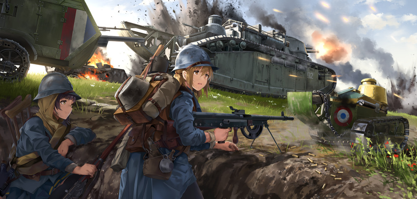 adrian_helmet assault_rifle backpack bag battlefield battlefield_(series) battlefield_1 black_hair blue_sky brown_hair bullet bunker char_2c chauchat check_commentary closed_mouth cloud commentary_request crutch debris explosion fire ft-17 grass ground_vehicle gun hair_between_eyes helmet highres holding holding_weapon military military_jacket military_uniform military_vehicle motor_vehicle multiple_girls neko_(yanshoujie) open_mouth ponytail renault_ft rifle saint_chamond shell_casing sky sleeves_rolled_up tank uniform war weapon world_war_i yellow_eyes