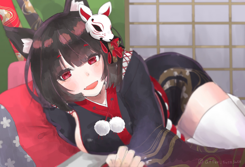 :d after_suko animal_ears azur_lane black_hair bob_cut breasts cat_ears cat_mask commentary_request eyebrows_visible_through_hair fang hair_ornament highres indoors japanese_clothes large_breasts long_sleeves looking_at_viewer lying mask mask_on_head on_side open_mouth pom_pom_(clothes) red_eyes short_hair sideboob smile solo thighhighs twitter_username white_legwear wide_sleeves yamashiro_(azur_lane)