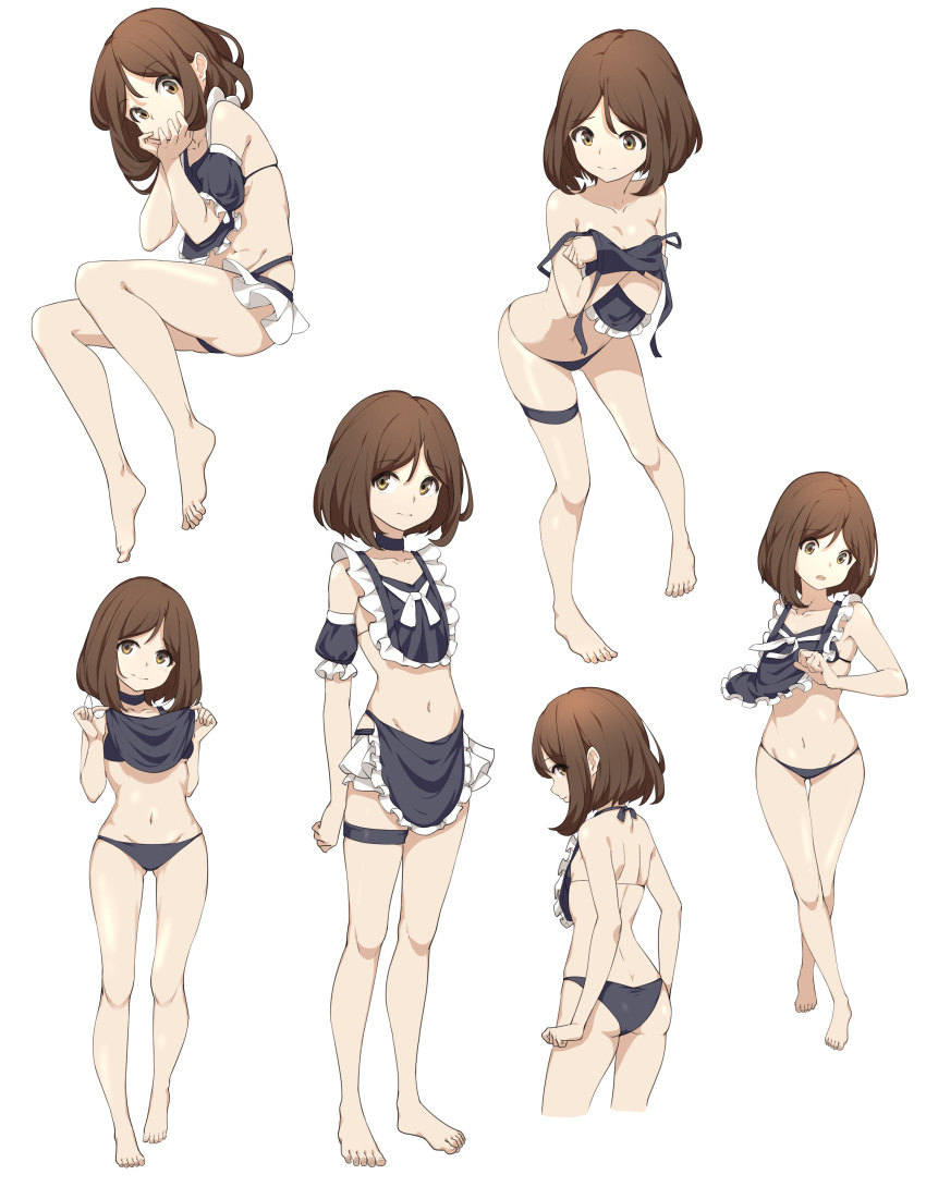 :o absurdres apron ass back bare_arms bare_legs bare_shoulders barefoot bikini black_bikini black_choker bob_cut breasts brown_eyes brown_hair choker closed_mouth covering covering_chest cropped_legs crossed_legs deatheach detached_sleeves frills groin hands_up highres invisible_chair leaning_forward looking_at_viewer maid_bikini medium_hair multiple_views navel nervous_smile original shoulder_blades simple_background sitting skindentation small_breasts standing stomach string_bikini swimsuit thigh_strap undressing waist_apron white_background