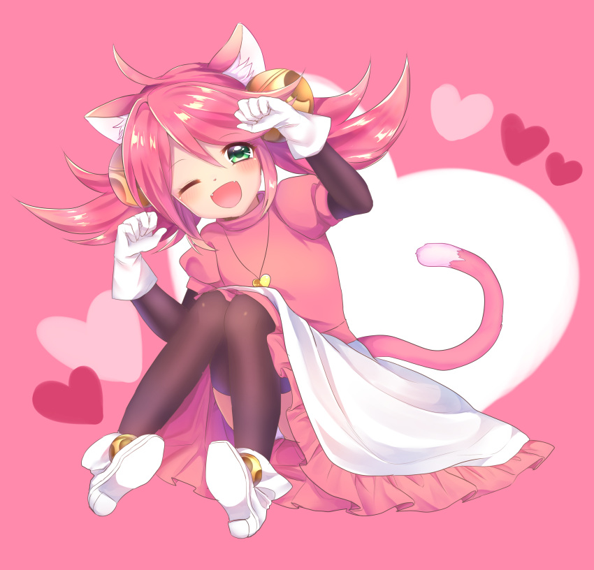 1girl animal_ears bell boots cat_ears cat_tail gloves green_eyes jingle_bell long_hair mad_mew_mew magical_girl pink_hair pink_ribbon puffy_short_sleeves puffy_sleeves ribbon short_sleeves skirt smile solo tail undertale white_boots white_gloves wink