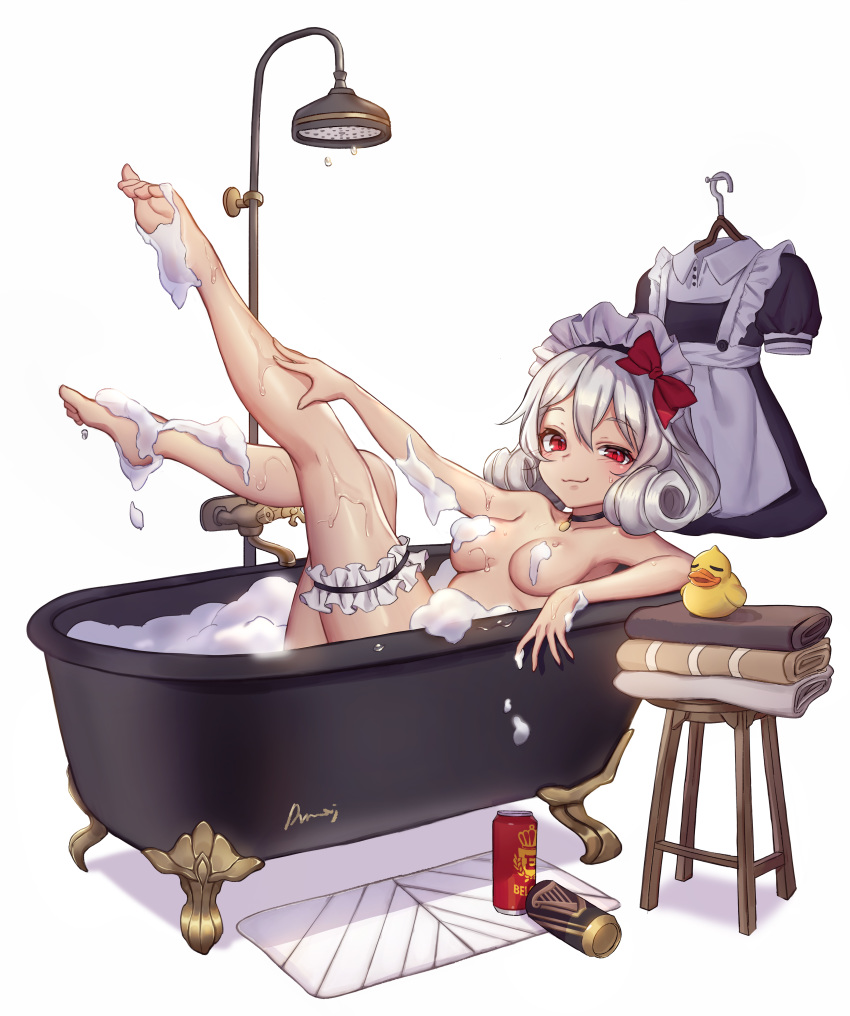 absurdres barefoot bath bathing bathtub beer_can blush bow breasts can choker claw_foot_bathtub closed_mouth clothes_removed commentary_request convenient_censoring drill_hair guinness_(beer) hair_between_eyes hair_bow highres korean_commentary leg_garter legs_up looking_at_viewer maid maid_headdress nude original pn_(wnsl216) red_bow red_eyes rubber_duck shower smile smirk soap_bubbles soap_censor solo towel uneven_eyes wet white_background white_hair