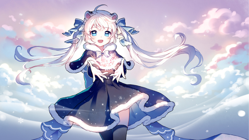 :d ahoge animal_ears bangs black_capelet black_dress black_legwear blue_bow blue_eyes blush bow capelet cloud cloudy_sky commentary commission day dress eyebrows_visible_through_hair fur-trimmed_capelet fur-trimmed_dress fur_trim hair_bow long_hair looking_at_viewer mechuragi open_mouth original outdoors outstretched_arms sidelocks sky smile snowflakes solo standing thighhighs tiger_ears twintails very_long_hair white_hair