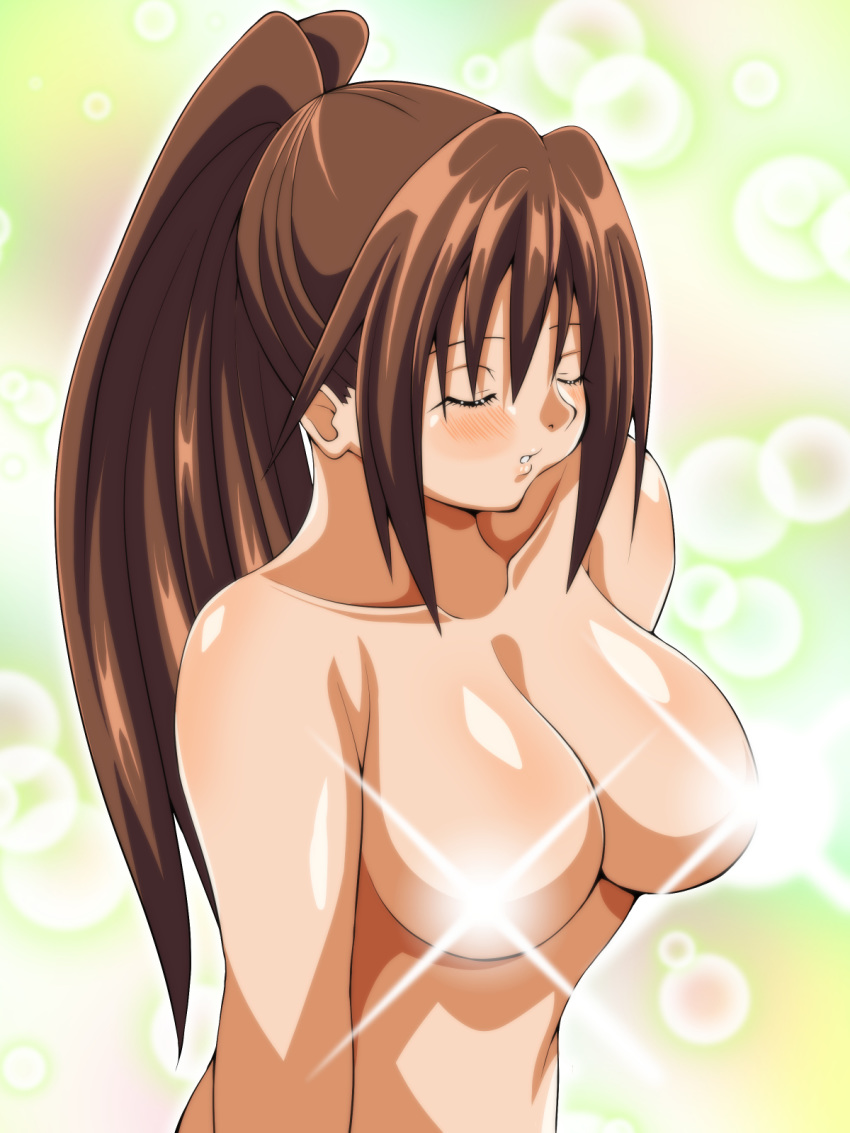 00s 1girl blush breasts brown_hair censored convenient_censoring eyes_closed glowing ichigo_100_percent inabakun00 kitaooji_satsuki large_breasts long_hair nipple_censor nude parted_lips ponytail solo sparkle standing upper_body