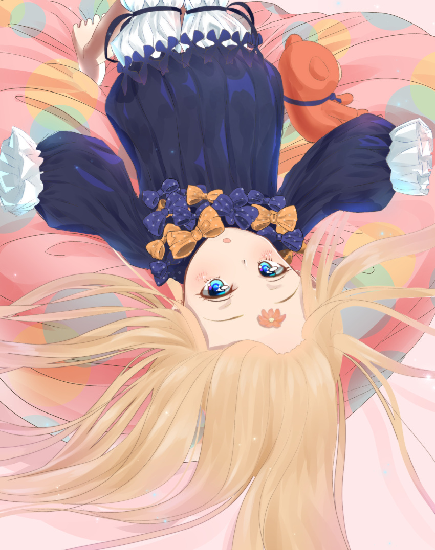 abigail_williams_(fate/grand_order) bangs black_bow black_dress blonde_hair bloomers blue_eyes blush bow bug butterfly commentary_request dress fate/grand_order fate_(series) flower forehead hair_spread_out highres insect long_hair long_sleeves looking_at_viewer lying no_hat no_headwear on_back orange_bow orange_flower parted_bangs parted_lips polka_dot polka_dot_bow sakazakinchan sleeves_past_fingers sleeves_past_wrists solo stuffed_animal stuffed_toy teddy_bear underwear very_long_hair white_bloomers