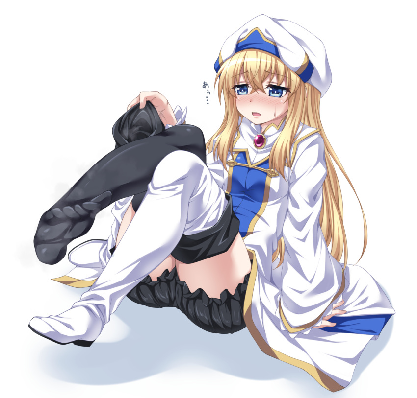black_legwear blonde_hair bloomers blue_eyes blush boot_removed boots breasts commentary dress feet frills goblin_slayer! half-closed_eyes hat highres kyuutou_(kyuutouryuu) long_hair long_sleeves open_mouth priestess_(goblin_slayer!) removing_legwear simple_background single_boot small_breasts soles sweatdrop text_focus thigh_boots thighhighs translation_request underwear white_background wide_sleeves