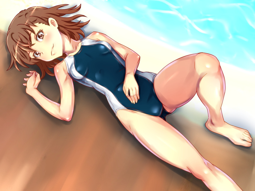beach blush breasts brown_eyes brown_hair closed_mouth competition_swimsuit eyebrows_visible_through_hair hand_on_own_stomach highres looking_at_viewer lying misaka_mikoto nike_(0306) on_back one-piece_swimsuit short_hair small_breasts smile solo swimsuit to_aru_kagaku_no_railgun to_aru_majutsu_no_index water