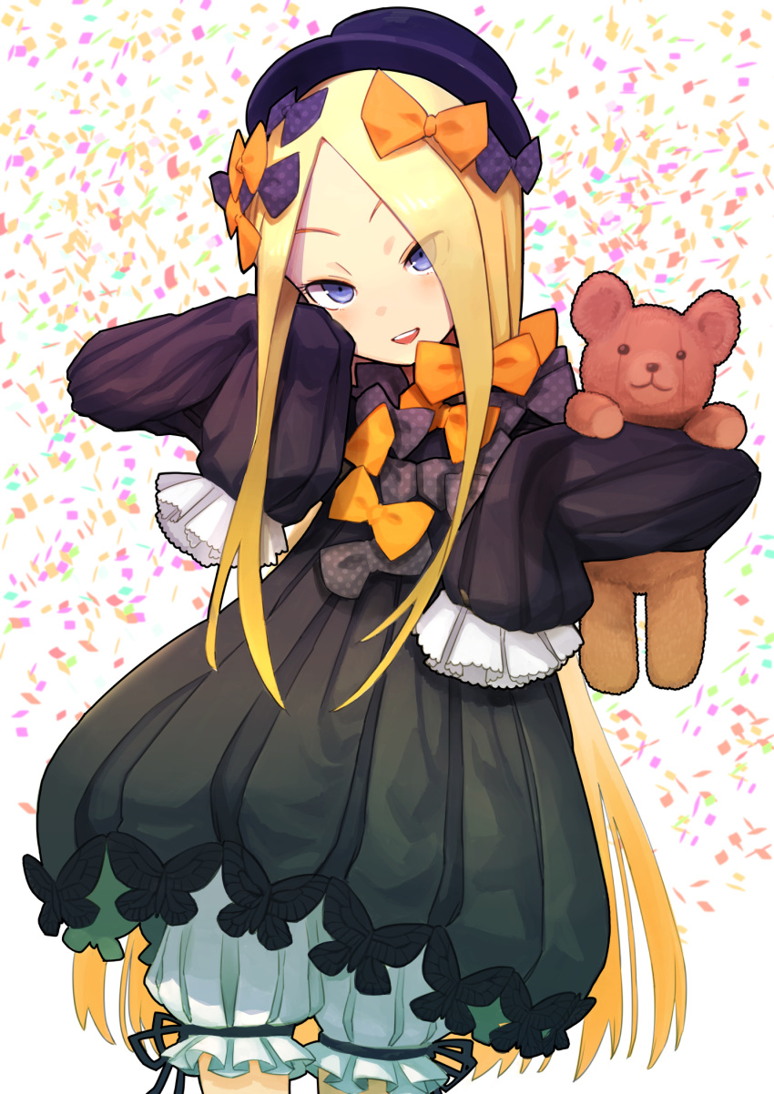 :d abigail_williams_(fate/grand_order) bangs black_bow black_dress black_hat blonde_hair bloomers blue_eyes bow bug butterfly commentary_request confetti cowboy_shot daitai_konna_kanji dress eyes_visible_through_hair fate/grand_order fate_(series) forehead hair_bow hands_up hat head_tilt highres insect long_hair long_sleeves object_hug open_mouth orange_bow parted_bangs polka_dot polka_dot_bow simple_background sleeves_past_fingers sleeves_past_wrists smile solo standing stuffed_animal stuffed_toy teddy_bear underwear upper_teeth v-shaped_eyebrows very_long_hair white_background white_bloomers