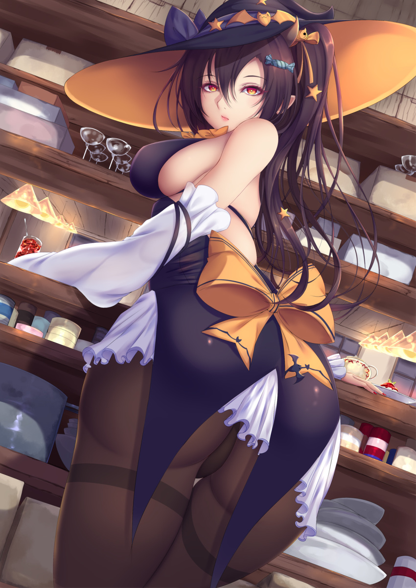 ass azur_lane bangs bare_shoulders black_dress black_legwear black_panties bow breasts brown_hair candy_hair_ornament commentary_request detached_sleeves dress fang food_themed_hair_ornament from_behind hair_between_eyes hair_bow hair_ornament halloween halloween_costume hat highres horns isuzu_(azur_lane) large_breasts long_hair looking_at_viewer looking_back panties pantyhose red_eyes shiro_usagi side_ponytail sidelocks solo standing star star_hair_ornament thighband_pantyhose underwear witch_hat yellow_bow