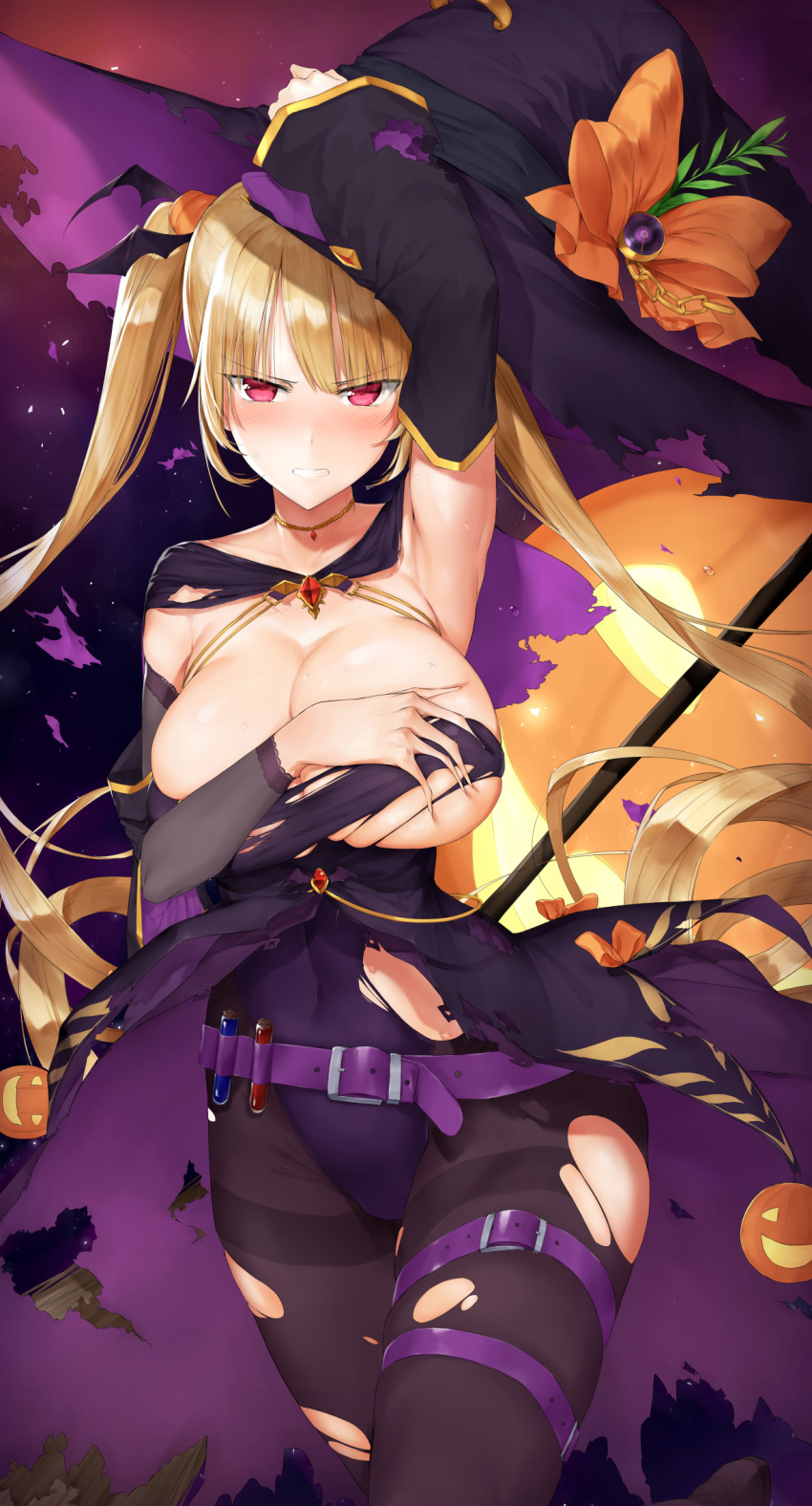 akitaka_akita alternate_costume arm_across_chest arm_up armpits azur_lane bandages bangs bat_hair_ornament belt black_legwear blonde_hair blush breasts broom buckle cape choker cleavage clenched_teeth commentary_request covered_navel covering covering_breasts cowboy_shot damaged deep_skin dress embarrassed food_themed_hair_ornament gold hair_ornament halloween halloween_costume hand_on_breast hand_on_headwear hat hat_tug highres holding jack-o'-lantern jewelry large_breasts leotard long_hair looking_at_viewer necklace nelson_(azur_lane) pantyhose potion pumpkin_hair_ornament purple_leotard red_eyes ruby_(stone) sidelocks simple_background skindentation solo sweat taut_clothes taut_leotard tearing_up teeth thigh_strap thighband_pantyhose torn_cape torn_clothes torn_dress torn_legwear twintails very_long_hair white_background wide_sleeves wind witch witch_hat