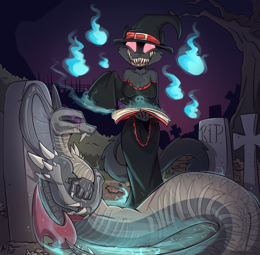 2019 anthro apode arm_spikes biped black_body black_clothing black_dress black_hat black_headwear bone book breasts cemetery claws cleavage clothed clothing cobra crossed_arms domestic_cat dress duo eyes_closed fangs felid feline felis female fuf halloween hat headgear headwear hi_res holding_book holding_object holidays legless lying lying_on_ground magic magic_user male mammal medium_breasts night nude on_back on_ground open_mouth open_smile outside plant reptile scalie sharp_teeth shoulder_spikes skeleton sleeves smile snake spikes spikes_(anatomy) standing teeth translucent translucent_body tree witch_hat