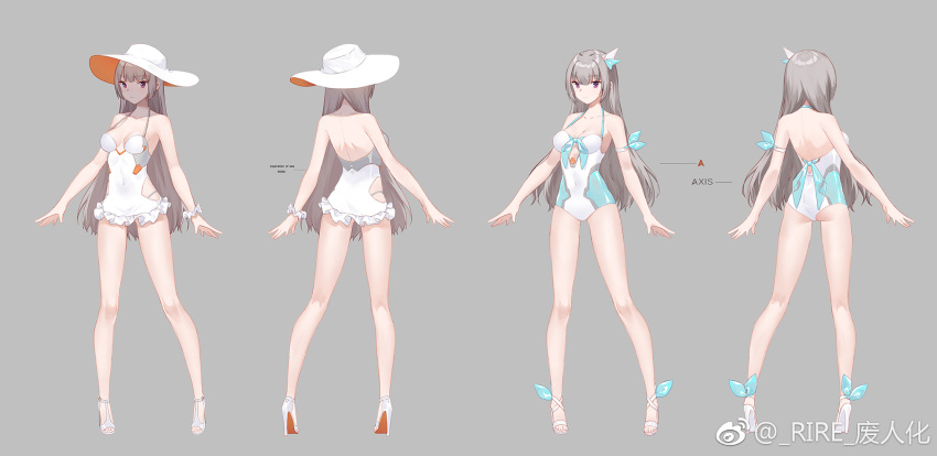 armlet ass bare_legs breasts casual_one-piece_swimsuit character_sheet covered_navel eyebrows_visible_through_hair from_behind grey_background hair_ornament halterneck hat high_heels highres light_brown_hair long_hair looking_at_viewer medium_breasts multiple_views one-piece_swimsuit original purple_eyes simple_background smile smile_(mm-l) standing sun_hat swimsuit white_swimsuit