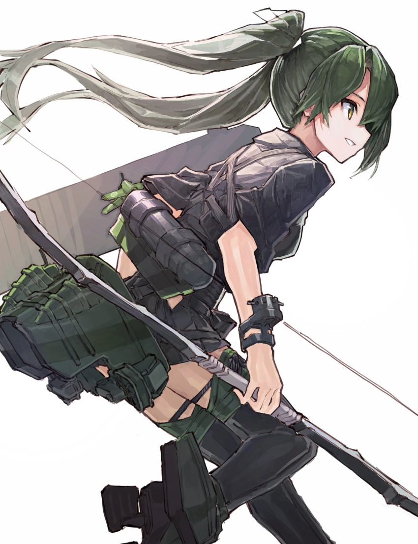 air_qh aircraft airplane black_skirt boots bow_(weapon) green_hair hair_ribbon hakama_skirt highres holding holding_bow_(weapon) holding_weapon japanese_clothes kantai_collection long_hair miko muneate quiver ribbon rigging rudder_shoes simple_background skirt smile solo tasuki thigh_boots thighhighs twintails type_94_anti-aircraft_fire_detector weapon white_background white_ribbon yellow_eyes zettai_ryouiki zuikaku_(kantai_collection)