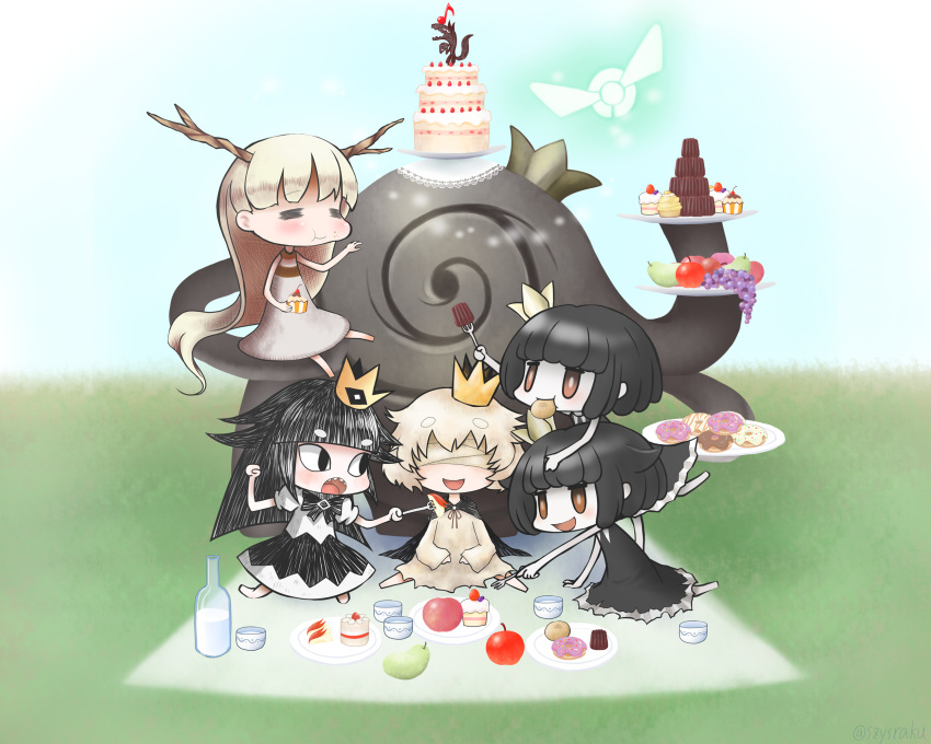 4girls :d :t =_= antlers apple apple_bunny bandages black_dress black_hair blanc_(rose_to_tasogare_no_kojou) blind_prince blonde_hair blush brown_eyes cake cape cheek_bulge chibi clenched_hand closed_mouth company_connection crossover crown cup cupcake day doily doughnut dress eating eighth_note eyebrows_visible_through_hair food food_on_face fork fruit grapes grass highres holding holding_fork hotaru_(htol#niq) htol#niq:_hotaru_no_nikki leaning_forward liar_princess long_hair mini_crown mion_(htol#niq) mouth_hold multiple_girls musical_note nippon_ichi open_mouth outdoors outstretched_arm pale_skin pear picnic plate rose_(rose_to_tasogare_no_kojou) rose_to_tasogare_no_kojou sharp_teeth shizuraku short_hair sitting smile standing standing_on_one_leg strawberry teeth titan_(rose_to_tasogare_no_kojou) tray usotsuki_hime_to_moumoku_ouji very_long_hair white_dress