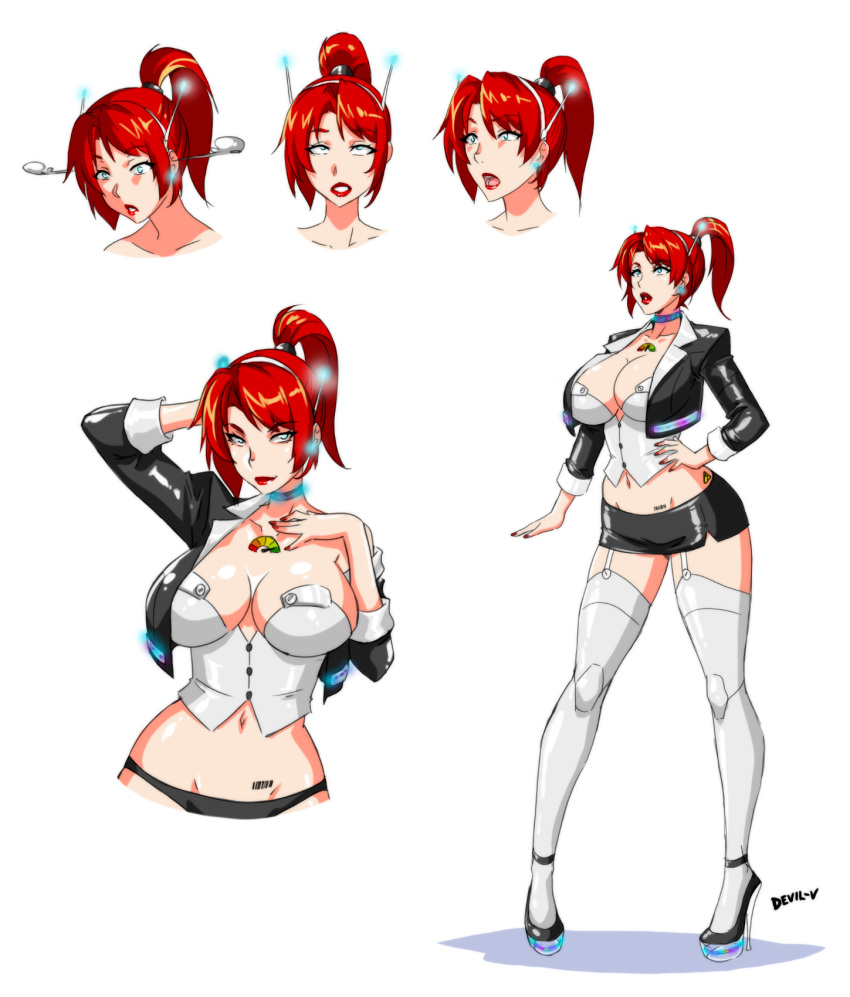 1girl android antennae breasts devil-v large_breasts nail_polish original red_hair