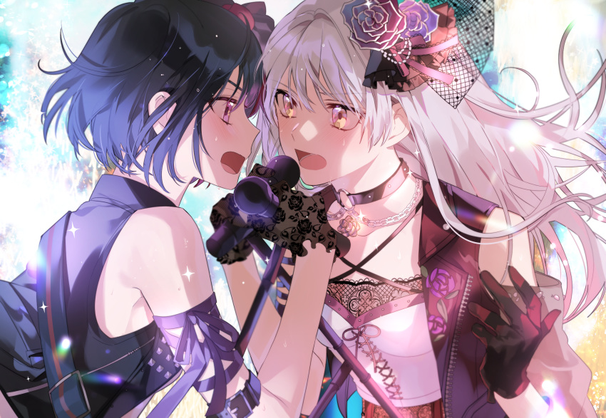 arm_strap bang_dream! bare_shoulders black_hair blush choker collarbone commentary_request corset floral_print gloves hair_ornament highres jewelry lavender_hair microphone minato_yukina mitake_ran multiple_girls music necklace open_mouth purple_eyes red_hair rose_print s2riridoll short_hair singing yellow_eyes