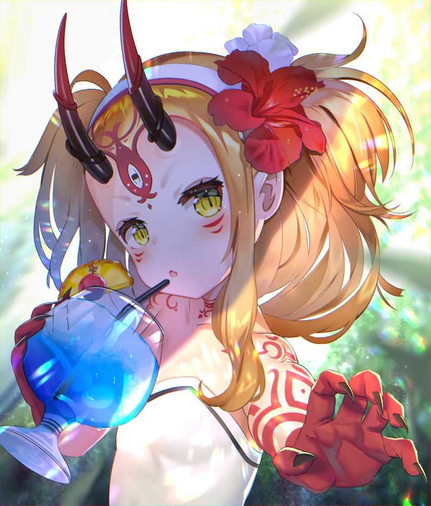:o arm_tattoo bangs bare_shoulders black_nails blonde_hair blue_hawaii blush collarbone cup day drink drinking_glass drinking_straw facial_mark fang fate/grand_order fate_(series) fingernails flat_chest flower forehead_mark foreshortening hair_flower hair_ornament hairband head_tilt hibiscus highres ibaraki_douji_(fate/grand_order) ibaraki_douji_(swimsuit_lancer)_(fate) long_hair looking_at_viewer nail_polish nayuta_(una) oni oni_horns outdoors outstretched_arm pineapple_slice reaching_out red_flower shade sharp_fingernails sidelocks slit_pupils solo sunlight swimsuit tattoo two_side_up upper_body white_hairband white_swimsuit yellow_eyes
